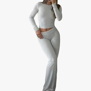 Eton Light Gray Long Sleeve Crop Top with Flare Pants Set